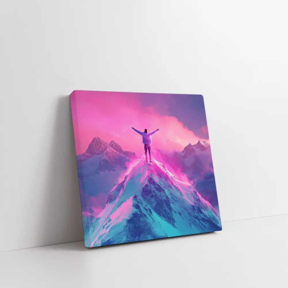 Man On Mountain Peak Neon Pink Sky – Wall Art