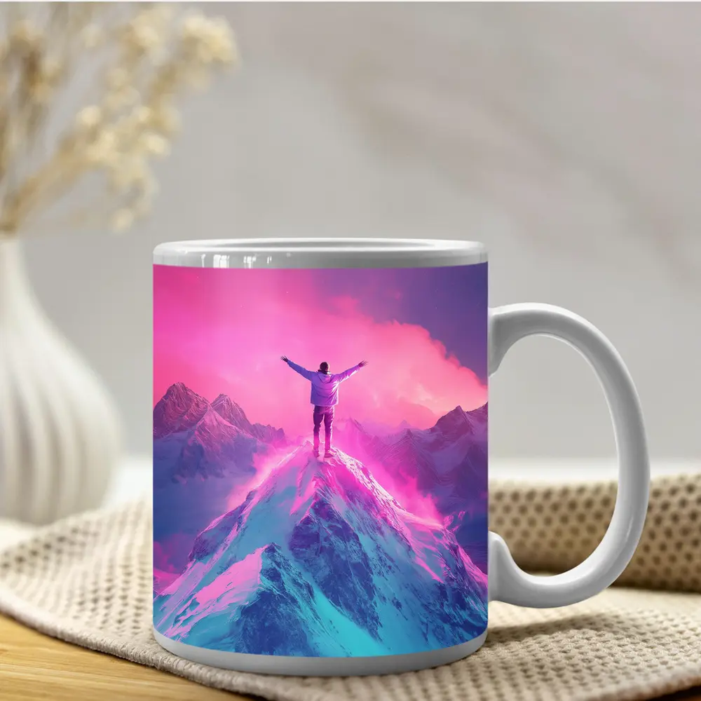 Man On Mountain Peak Neon Pink Sky – Mugs