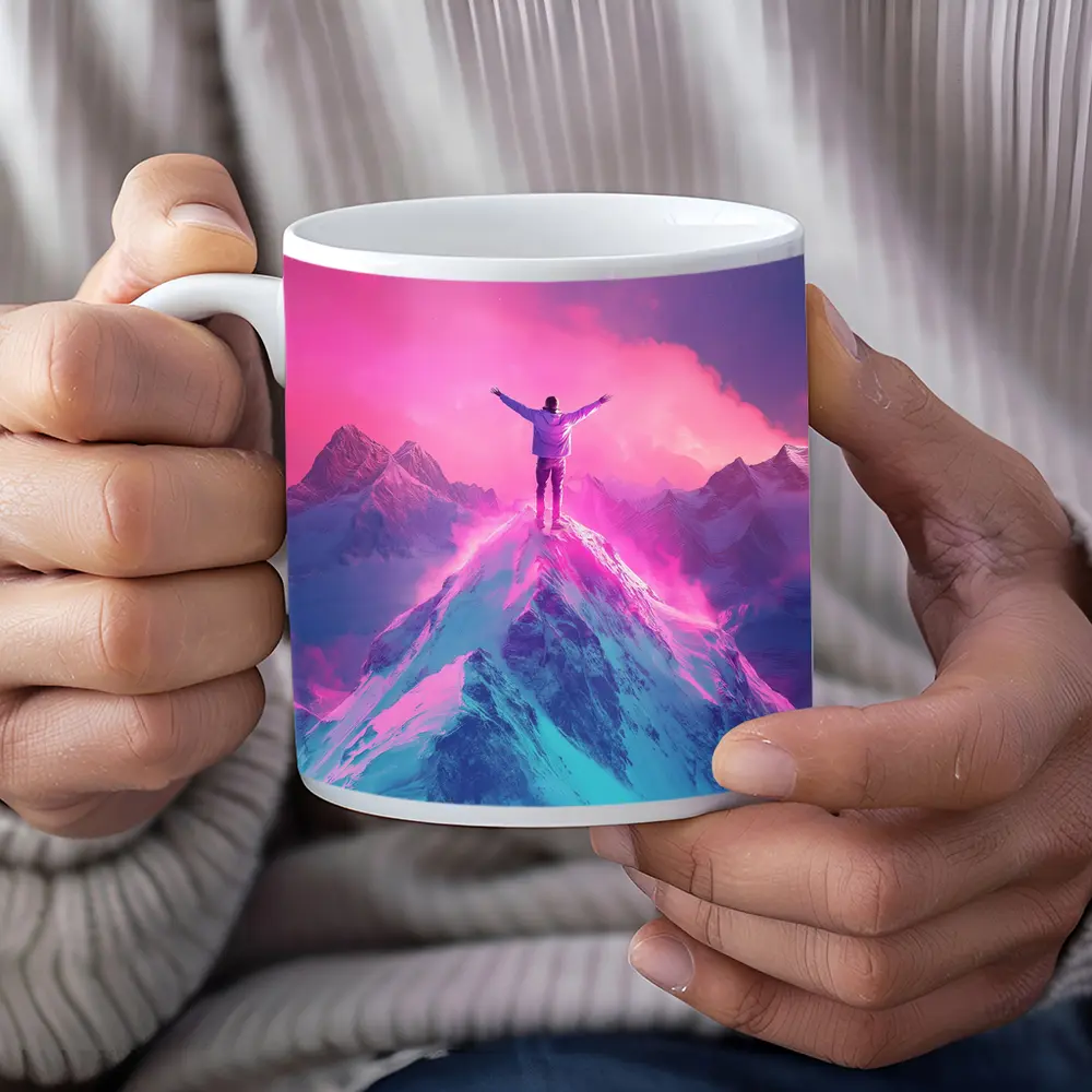 Man On Mountain Peak Neon Pink Sky – Mugs