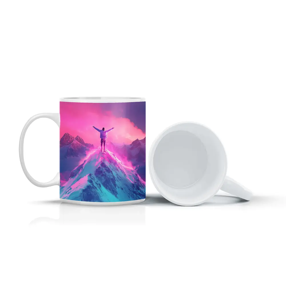 Man On Mountain Peak Neon Pink Sky – Mugs