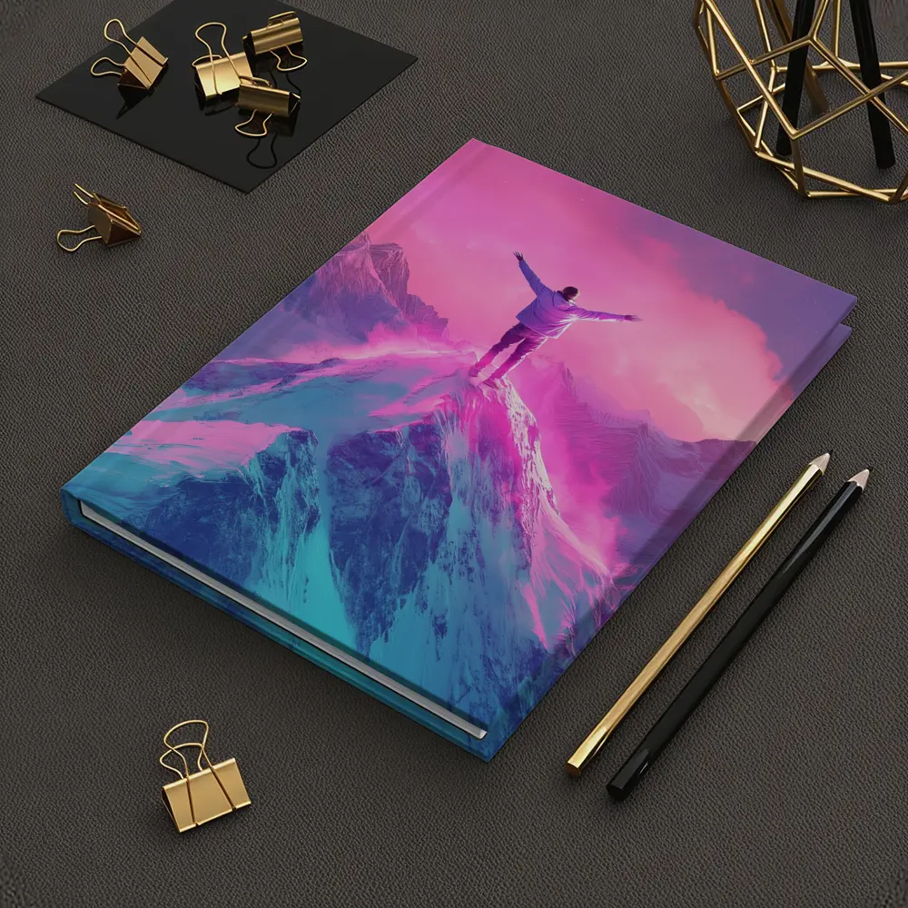 Man On Mountain Peak Neon Pink Sky – Notebooks