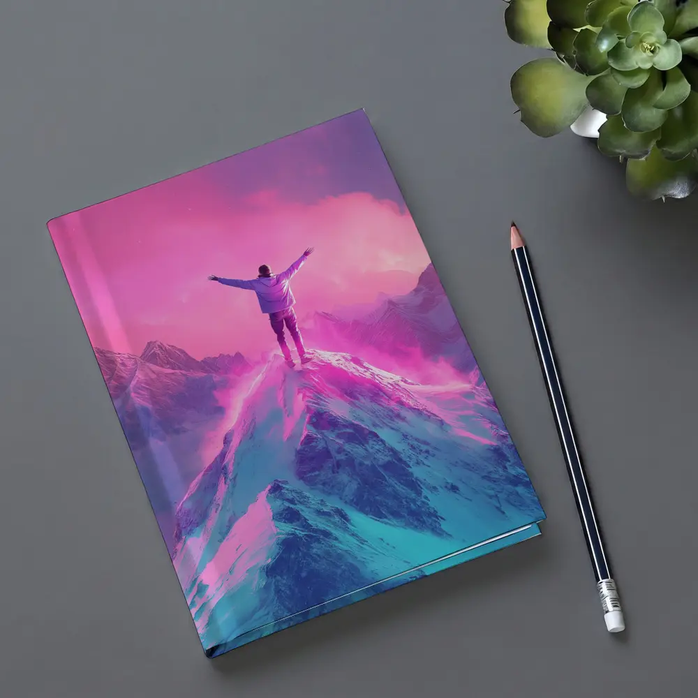 Man On Mountain Peak Neon Pink Sky – Notebooks