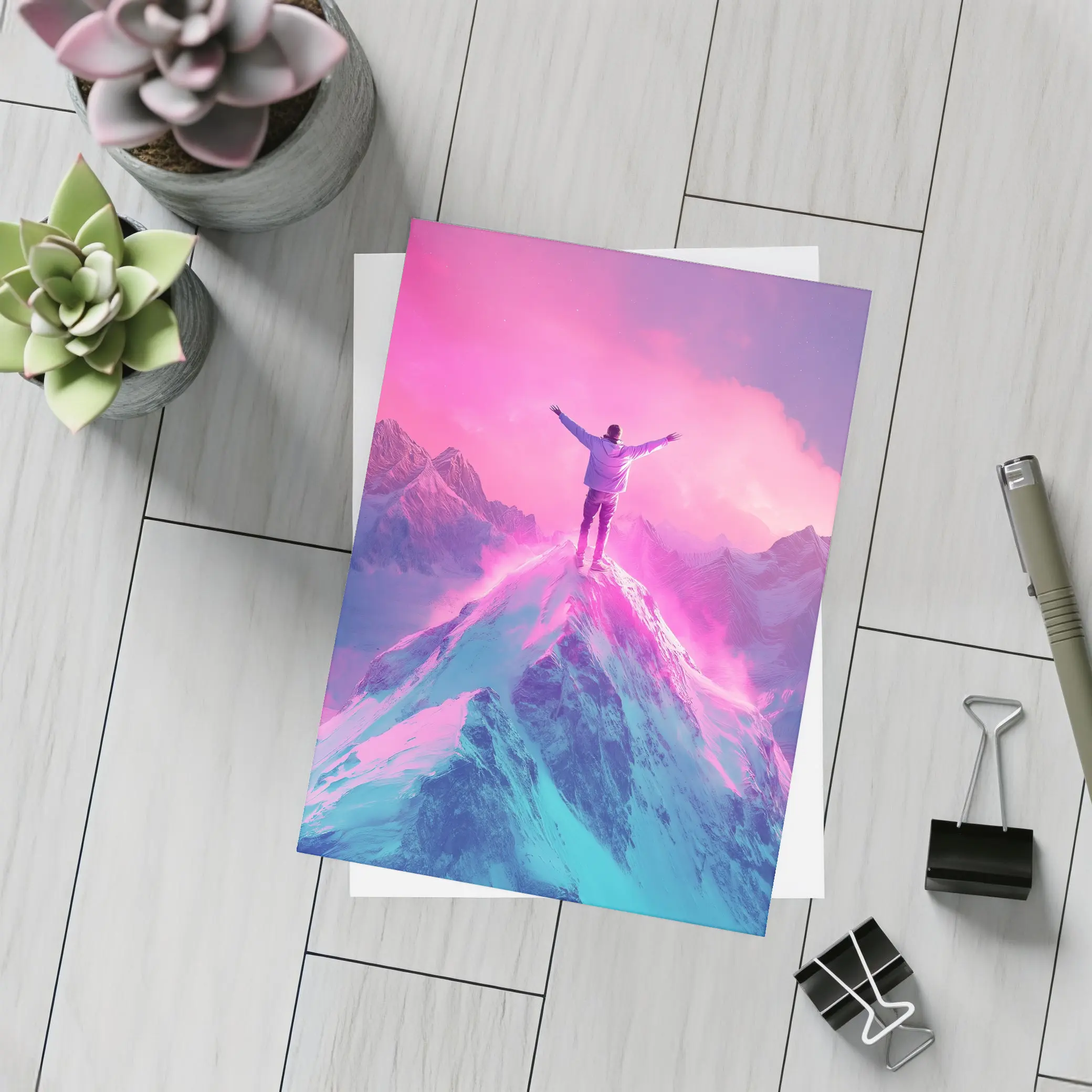 Man On Mountain Peak Neon Pink Sky – Postcards