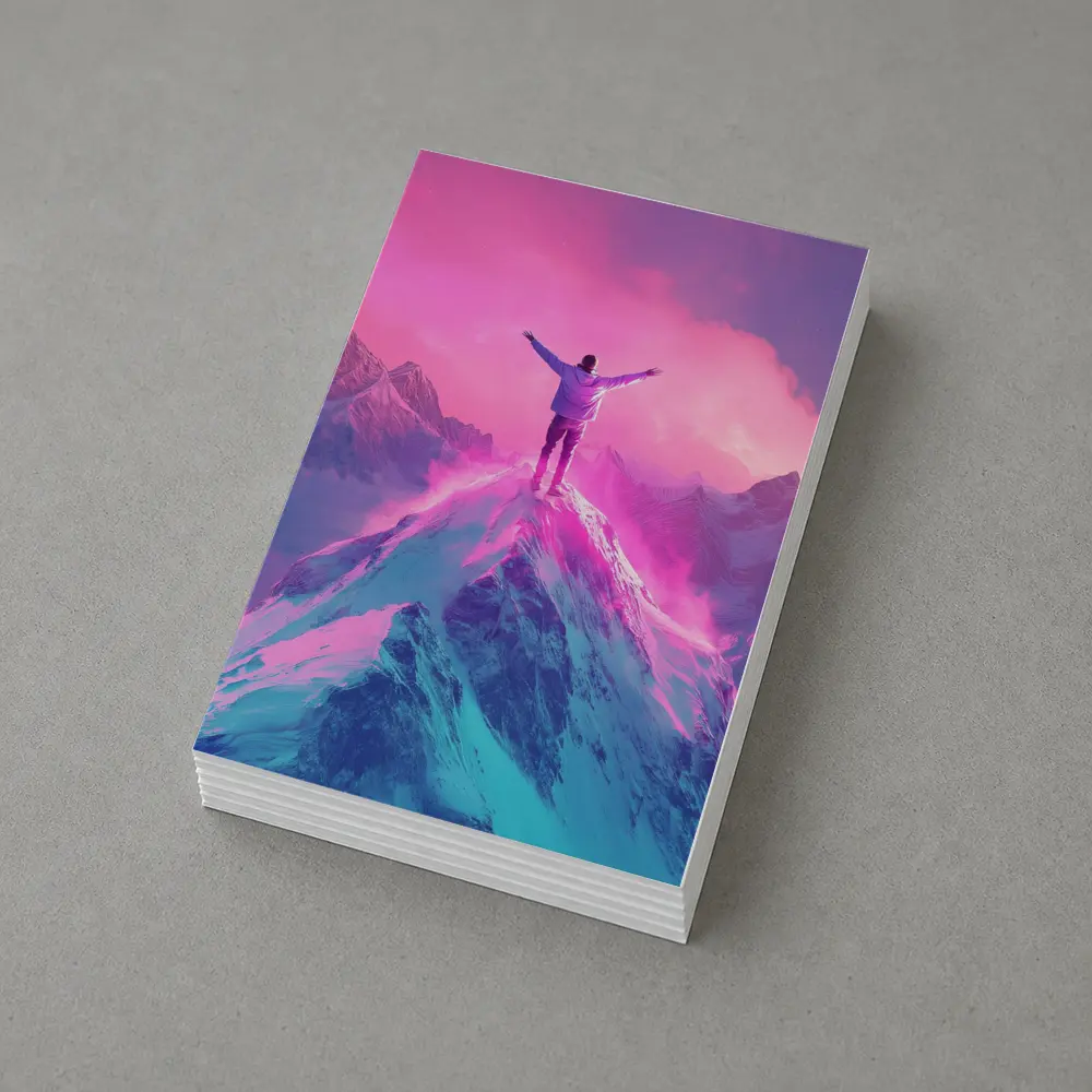 Man On Mountain Peak Neon Pink Sky – Postcards