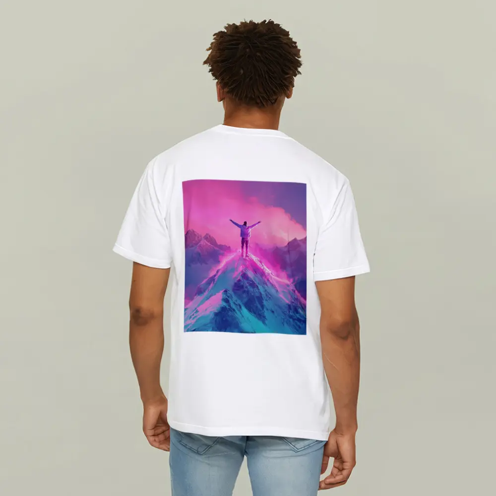 Man On Mountain Peak Neon Pink Sky – T-Shirts