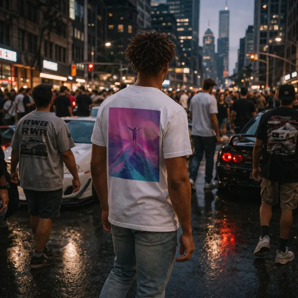 Man On Mountain Peak Neon Pink Sky – T-Shirts