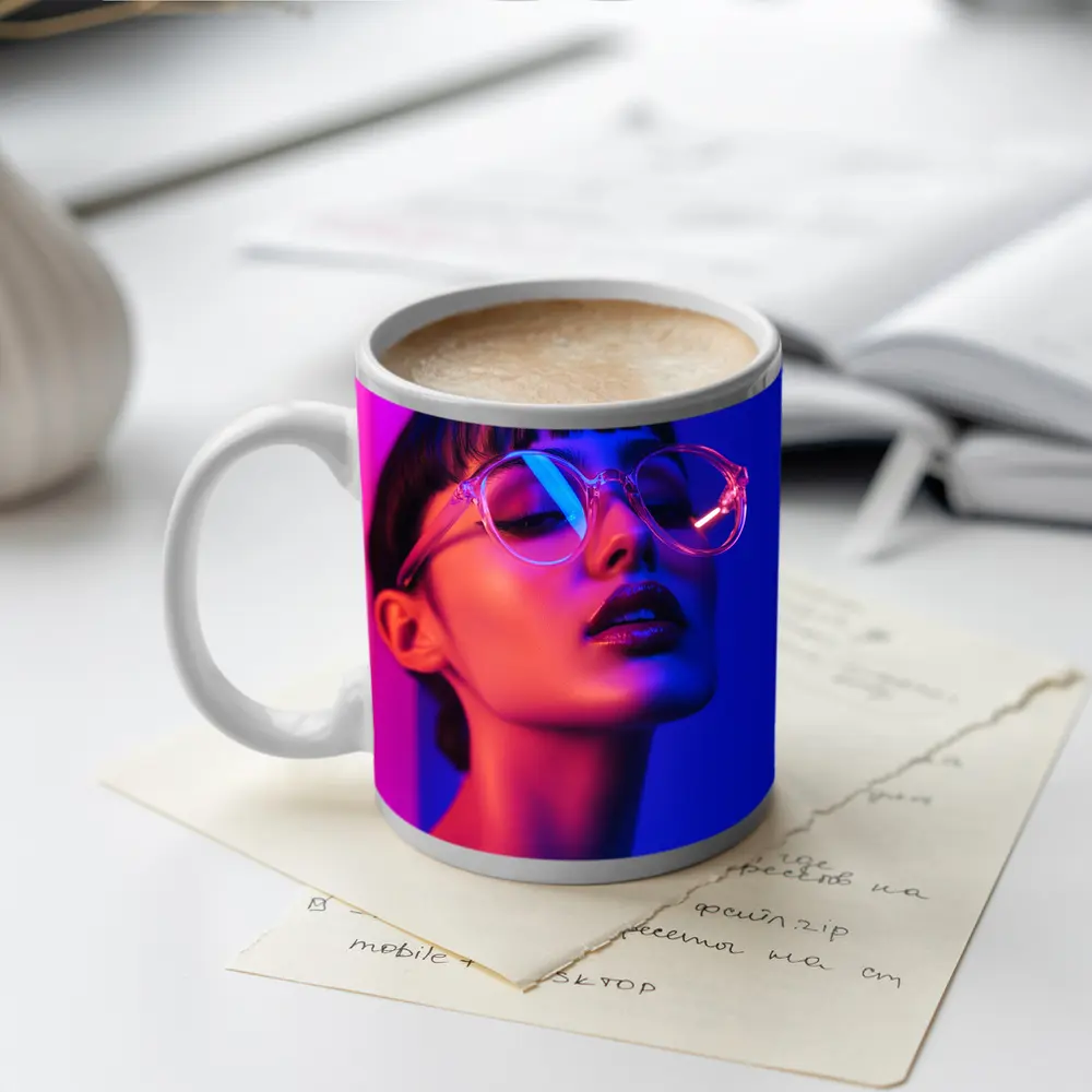 Woman Neon Lights Blue Pink Portrait – Mugs