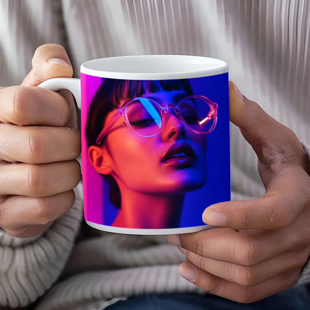 Woman Neon Lights Blue Pink Portrait – Mugs