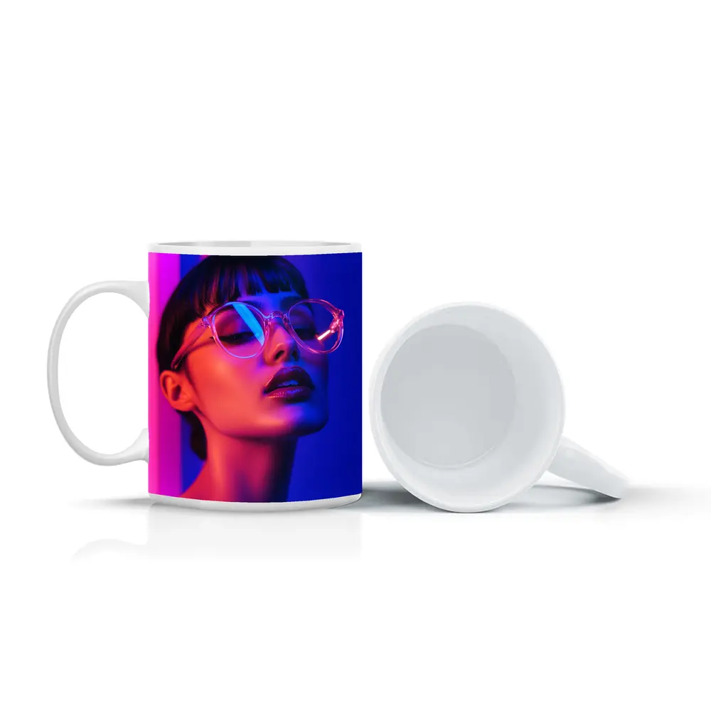Woman Neon Lights Blue Pink Portrait – Mugs