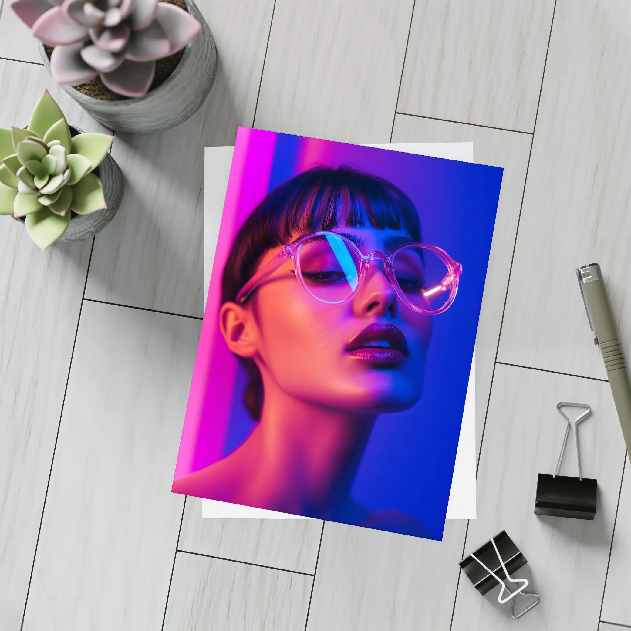 Woman Neon Lights Blue Pink Portrait – Postcards