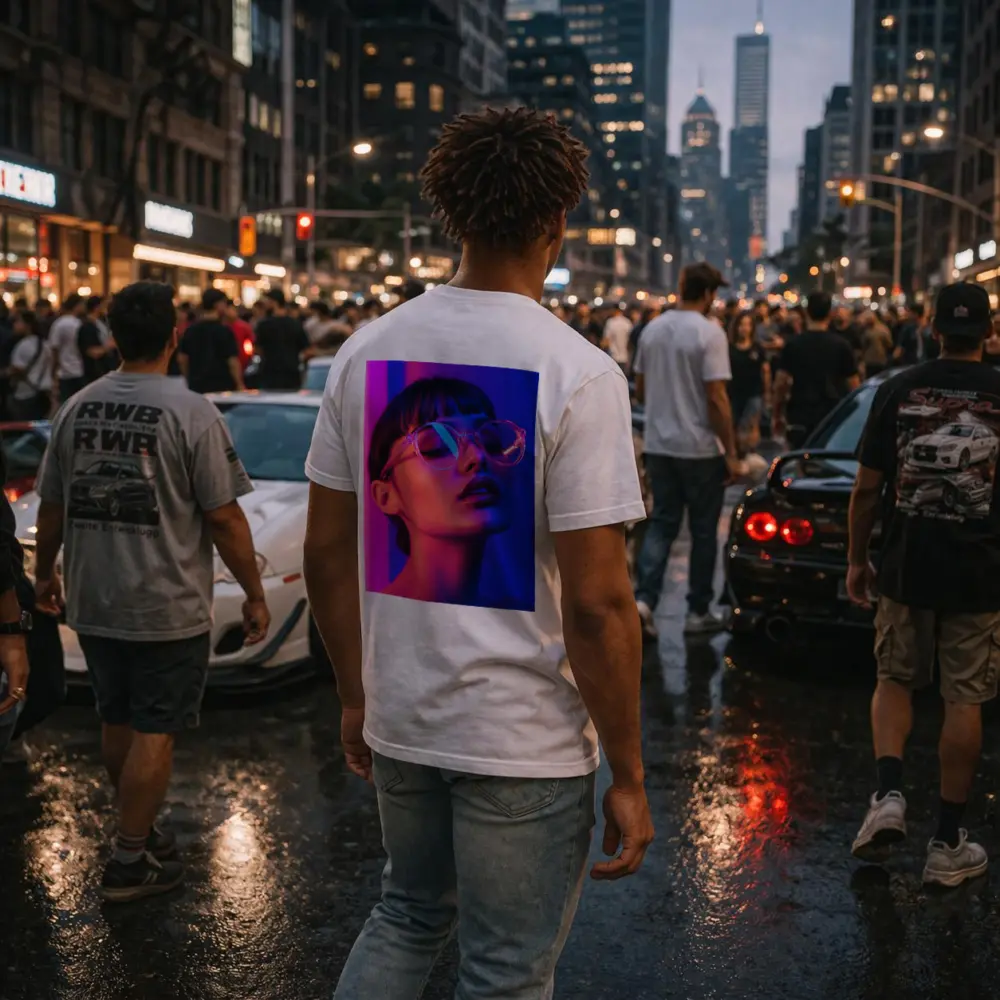 Woman Neon Lights Blue Pink Portrait – T-Shirts