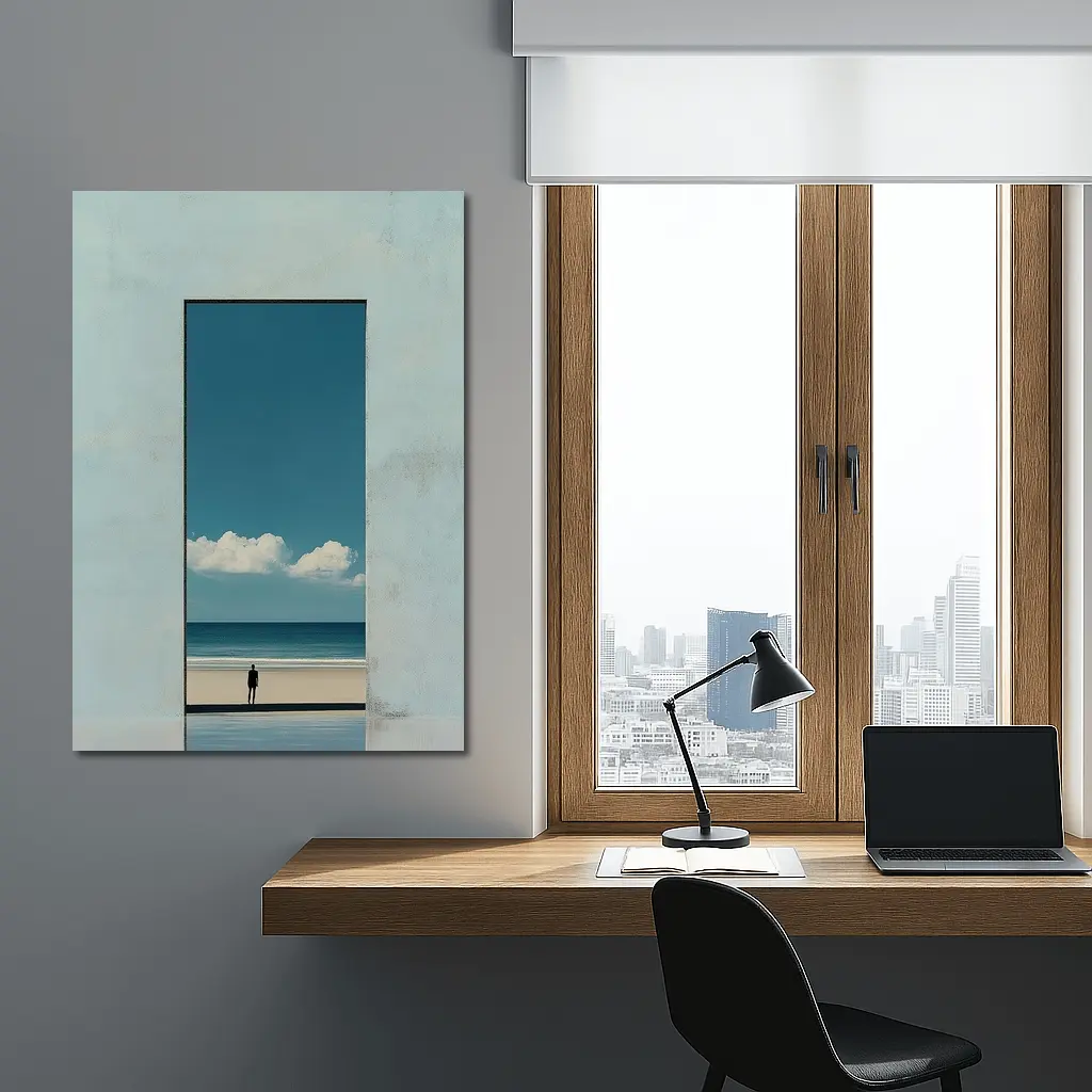 Lone Figure Ocean View Minimalist Blue Art – Wall Art