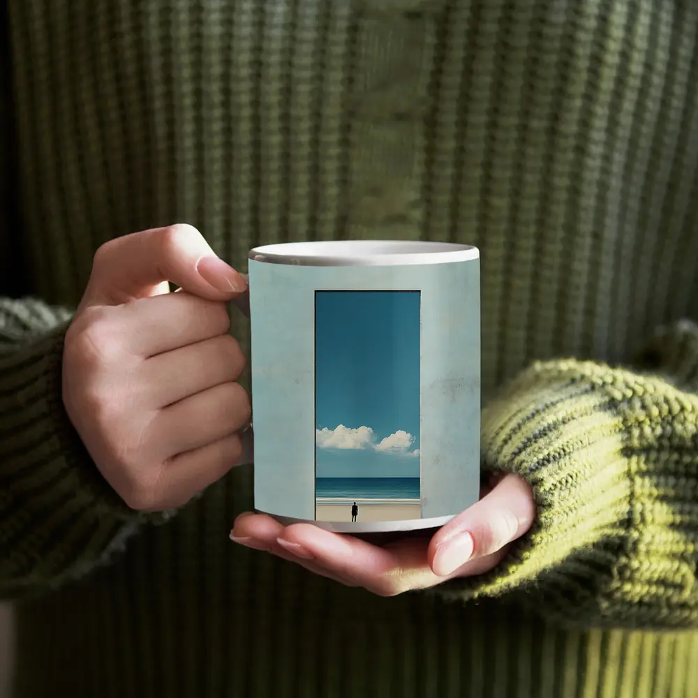 Lone Figure Ocean View Minimalist Blue Art – Mugs