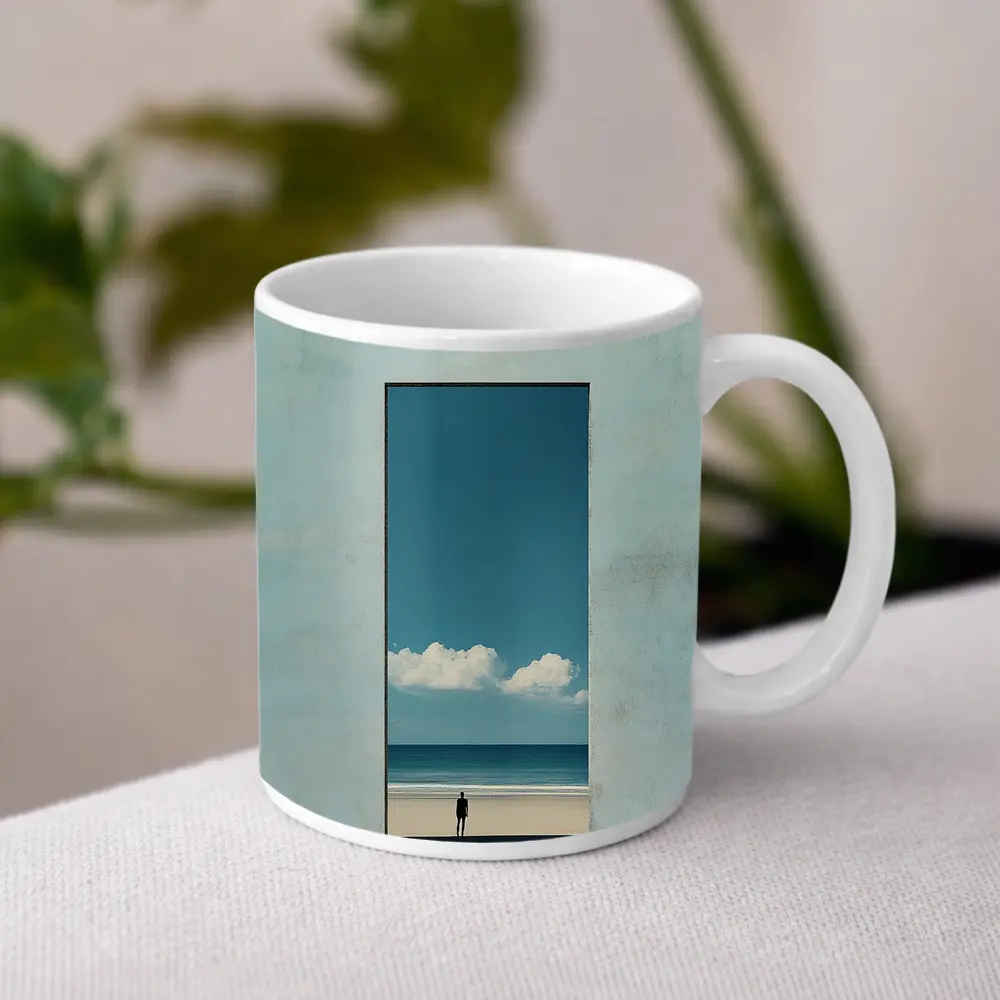 Lone Figure Ocean View Minimalist Blue Art – Mugs