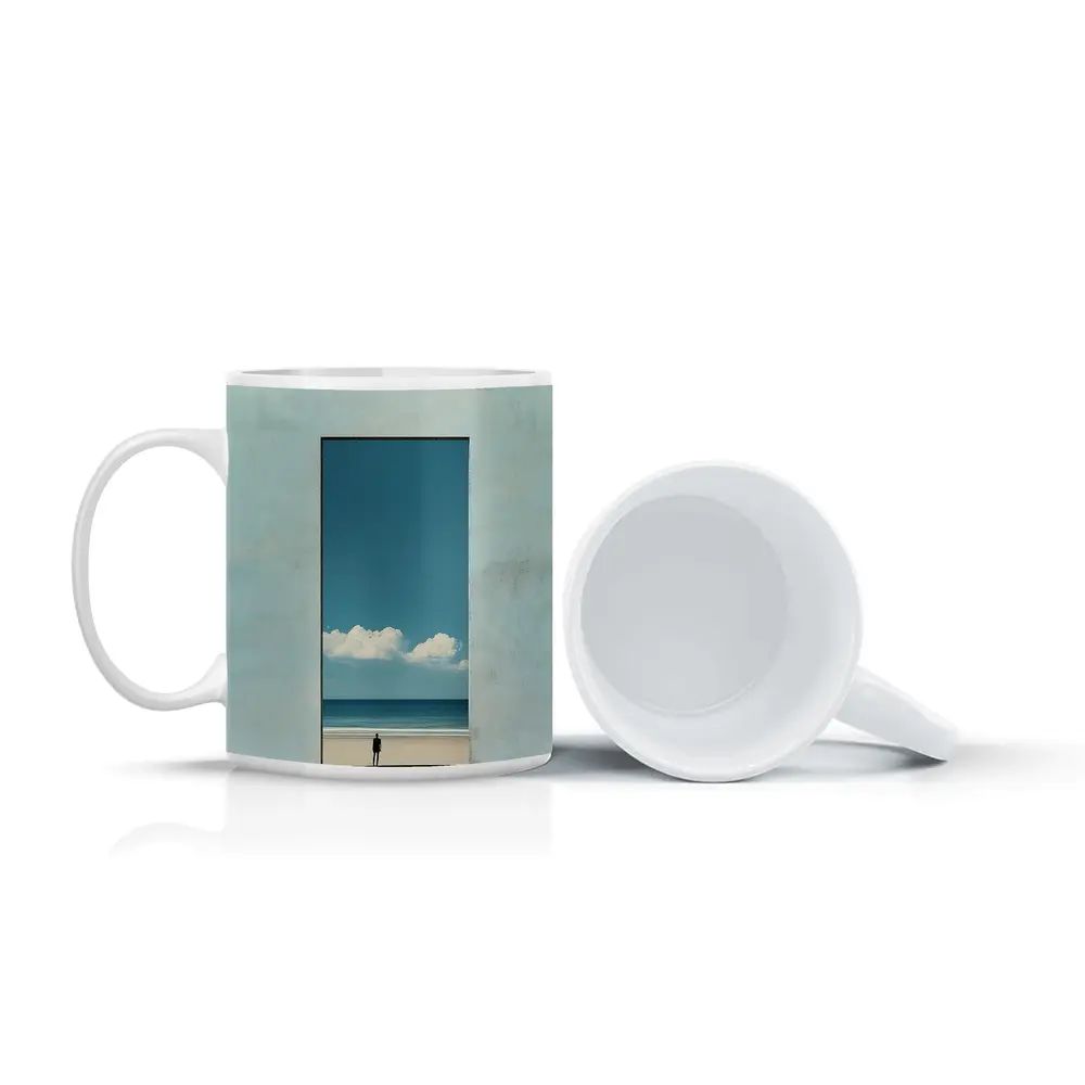 Lone Figure Ocean View Minimalist Blue Art – Mugs