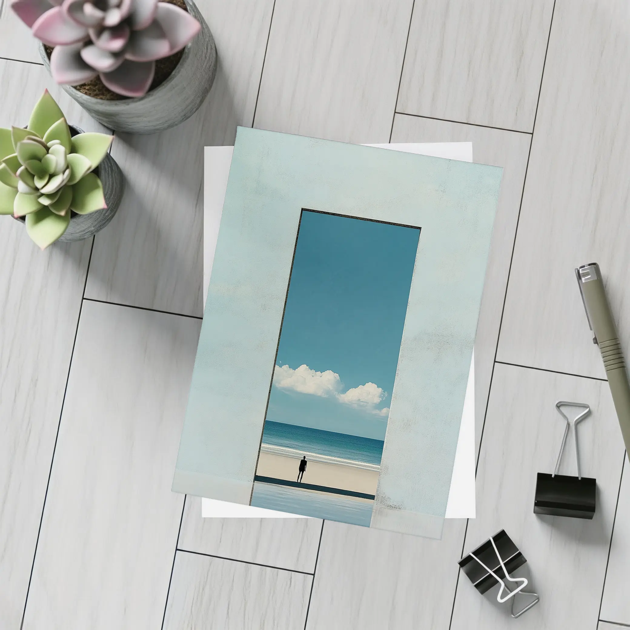 Lone Figure Ocean View Minimalist Blue Art – Postcards