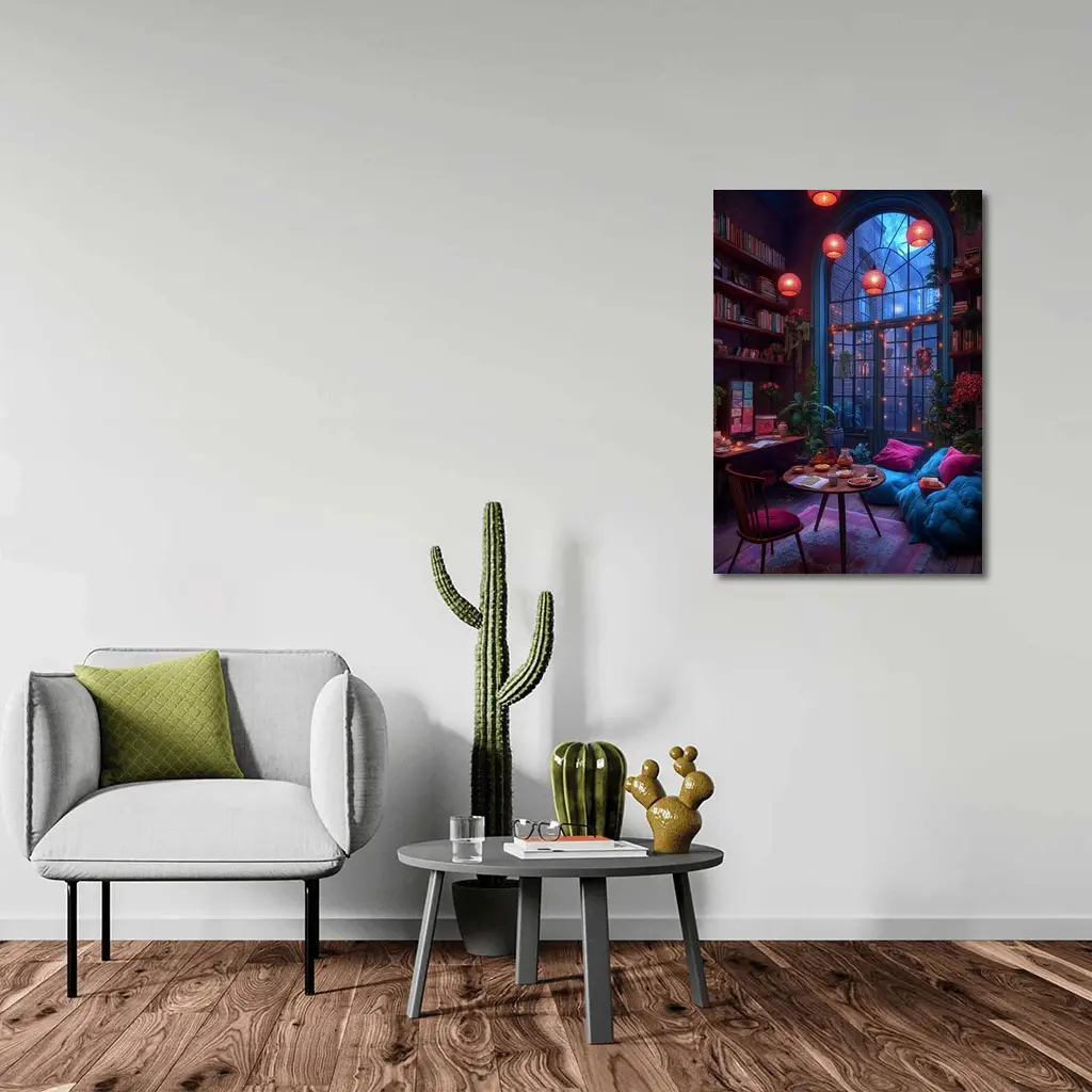 Cozy Bohemian Reading Room Night Glowing – Wall Art
