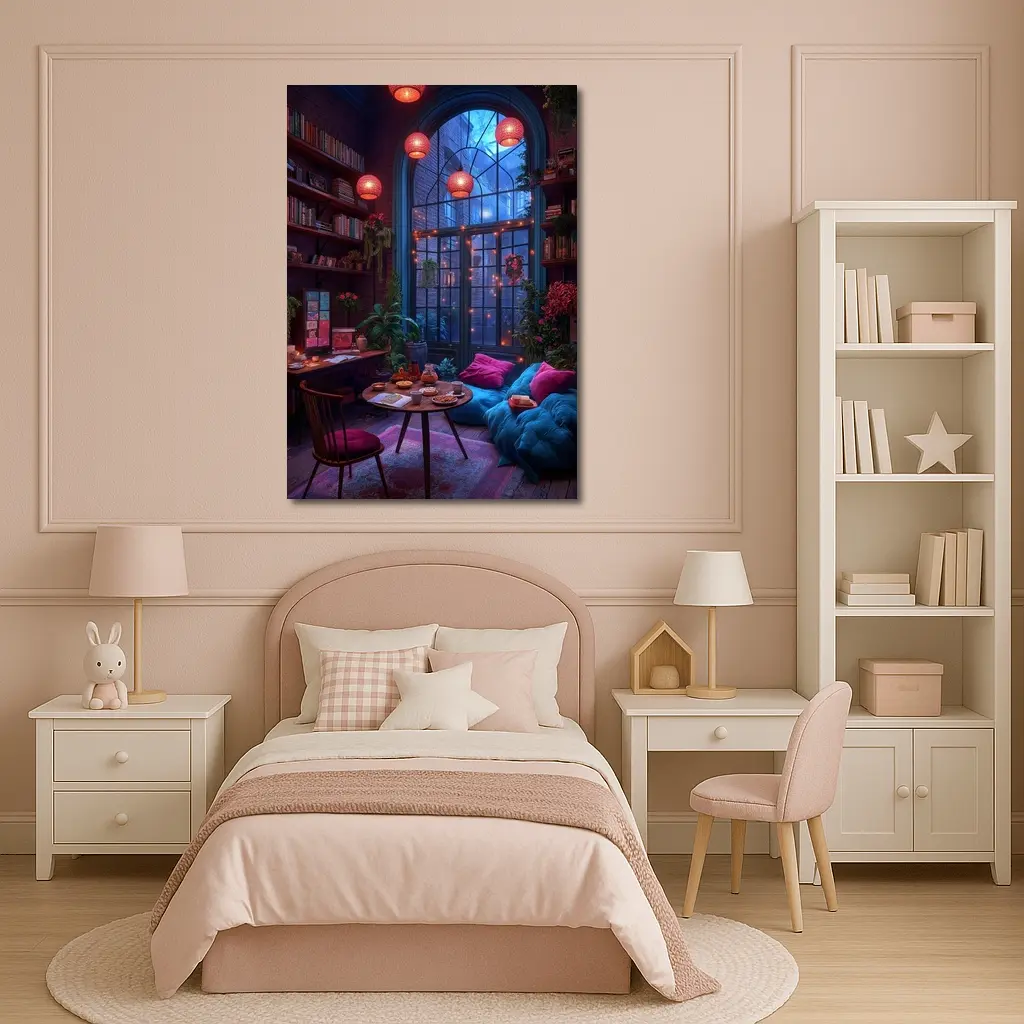 Cozy Bohemian Reading Room Night Glowing – Wall Art