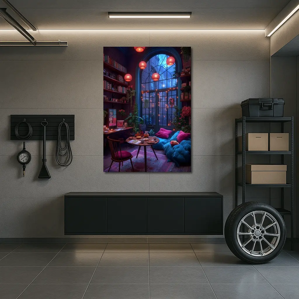 Cozy Bohemian Reading Room Night Glowing – Wall Art