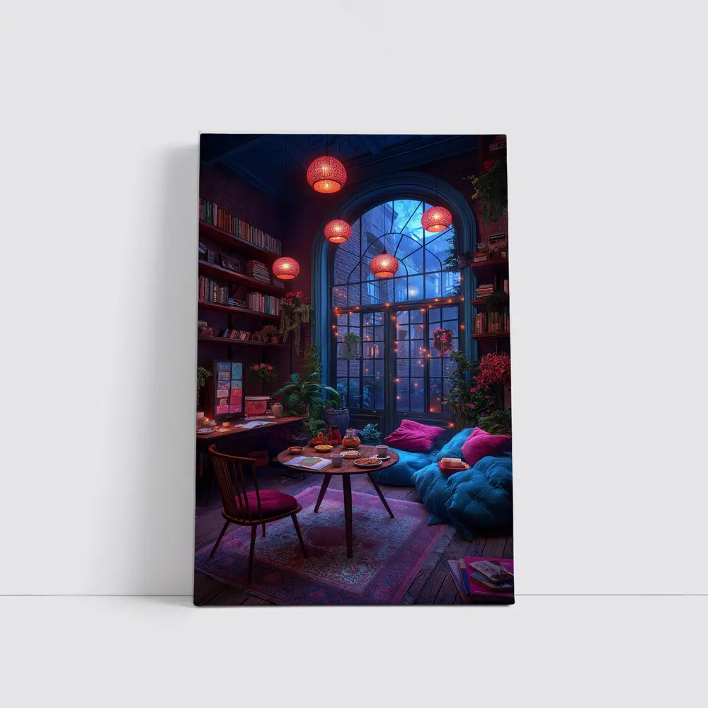 Cozy Bohemian Reading Room Night Glowing – Wall Art
