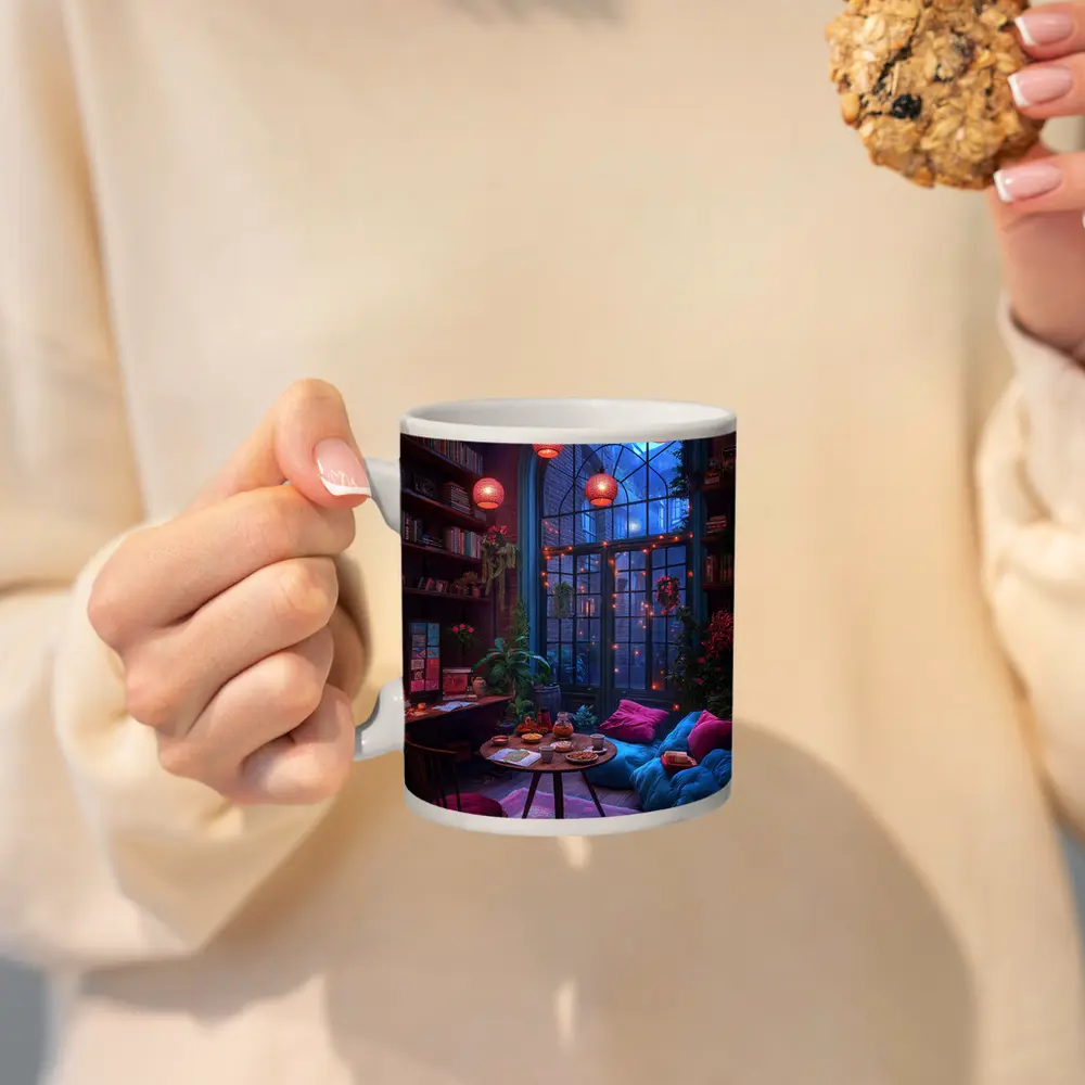 Cozy Bohemian Reading Room Night Glowing – Mugs