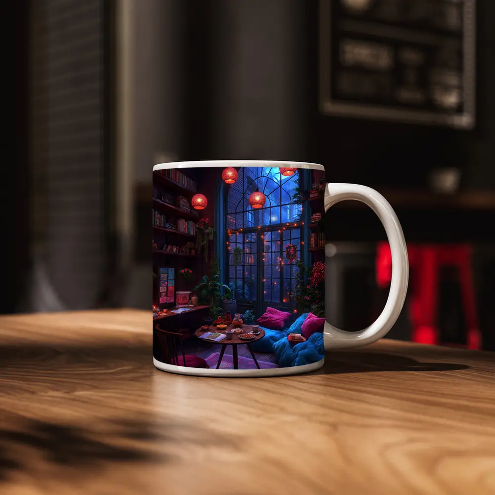 Cozy Bohemian Reading Room Night Glowing – Mugs