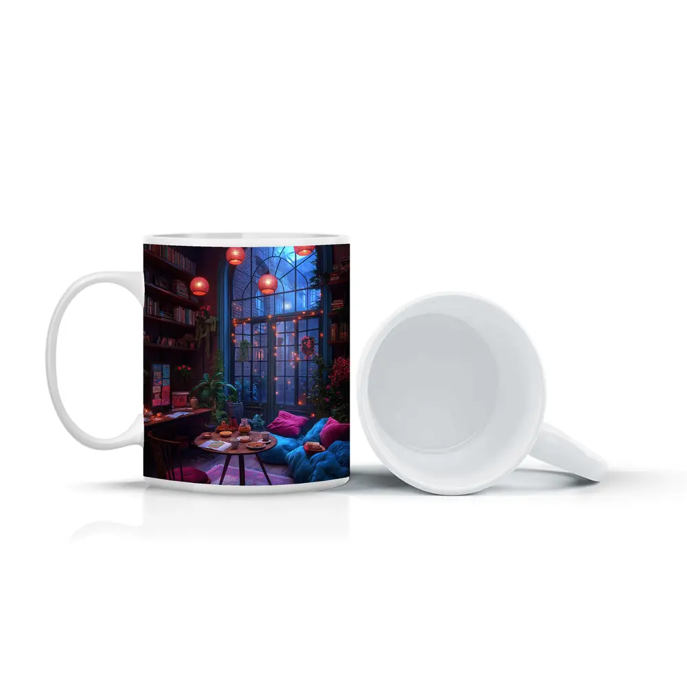 Cozy Bohemian Reading Room Night Glowing – Mugs