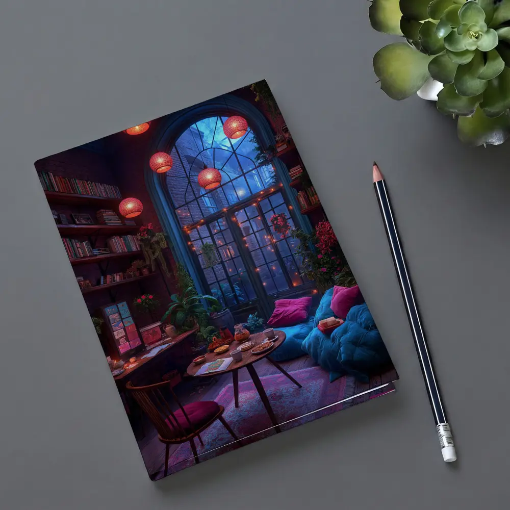 Cozy Bohemian Reading Room Night Glowing – Notebooks