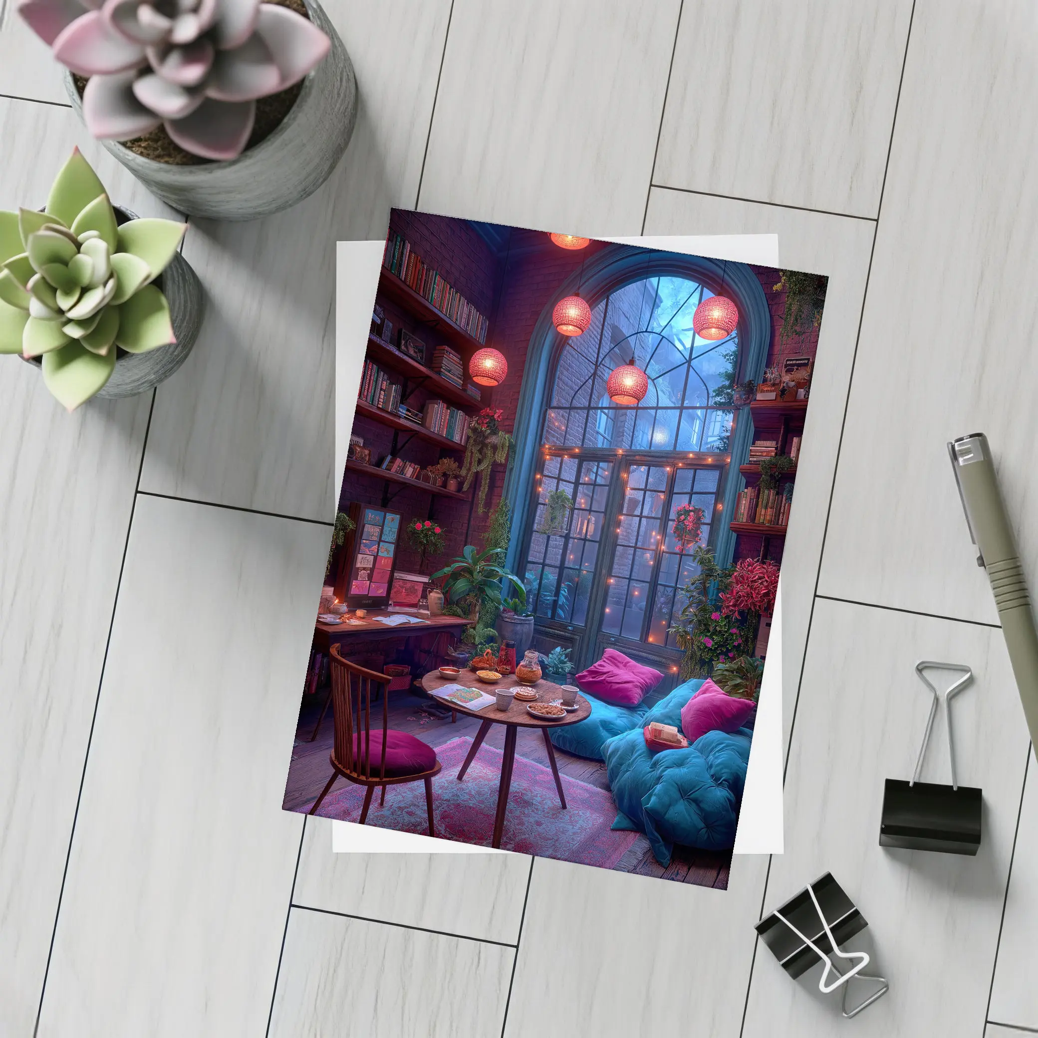 Cozy Bohemian Reading Room Night Glowing – Postcards