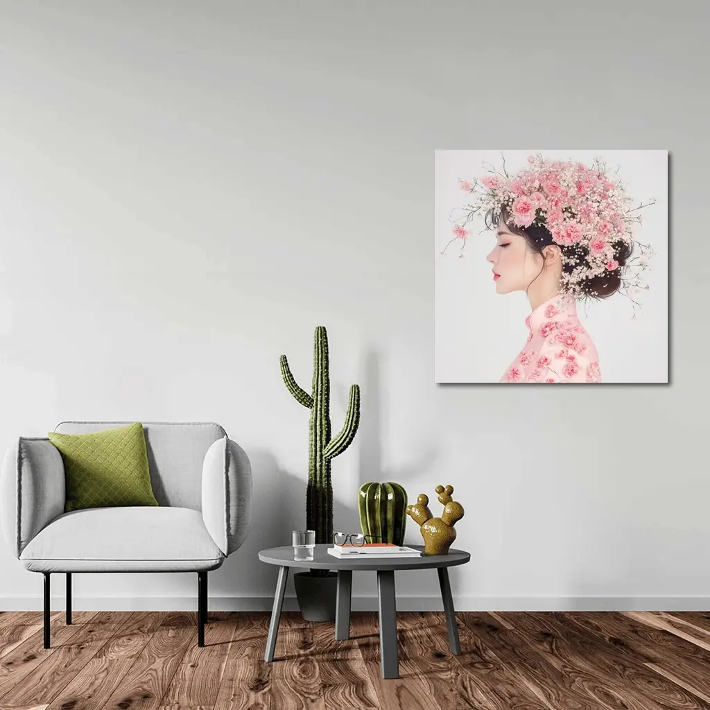 Asian Woman Pink Carnations Floral Headdress Art – Wall Art
