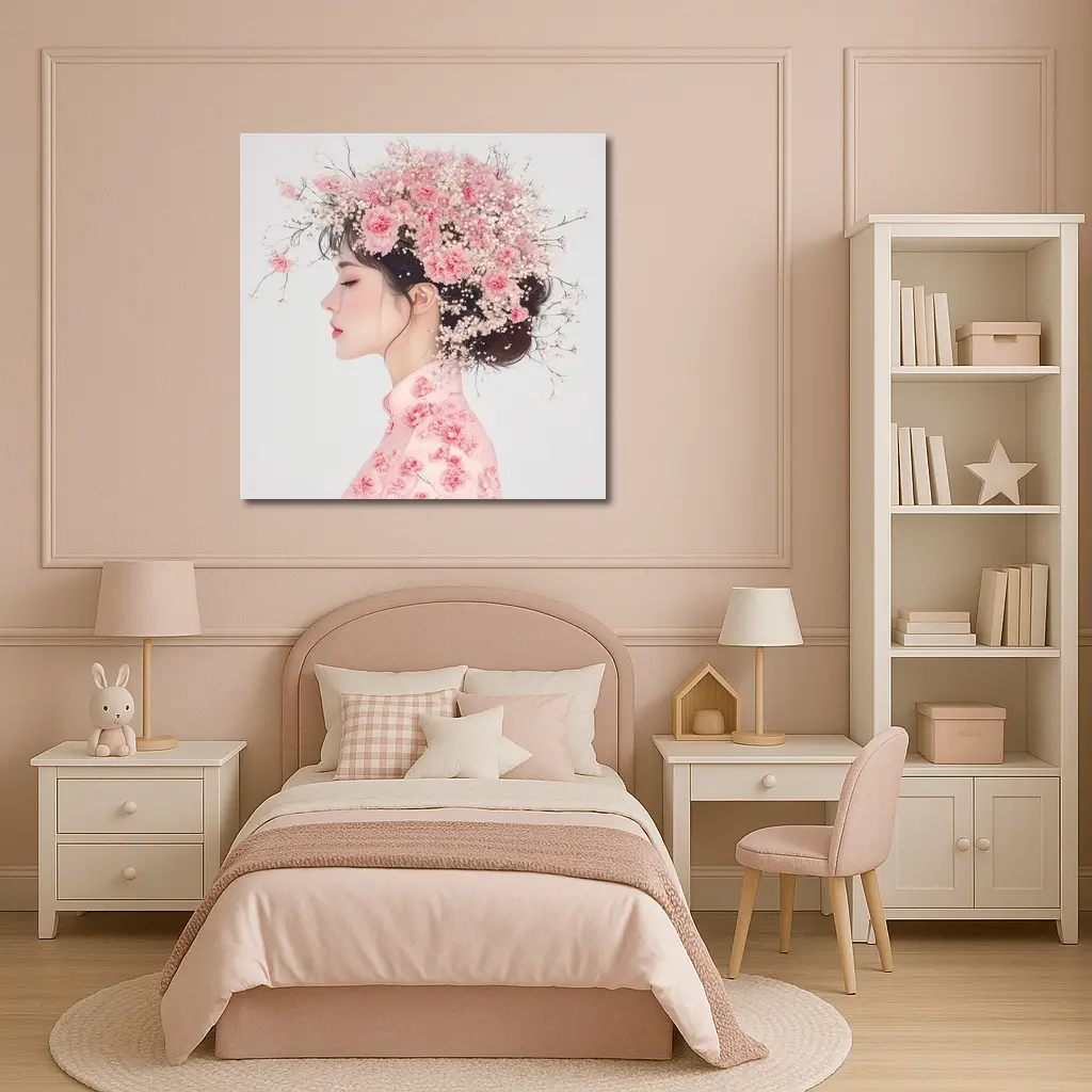 Asian Woman Pink Carnations Floral Headdress Art – Wall Art
