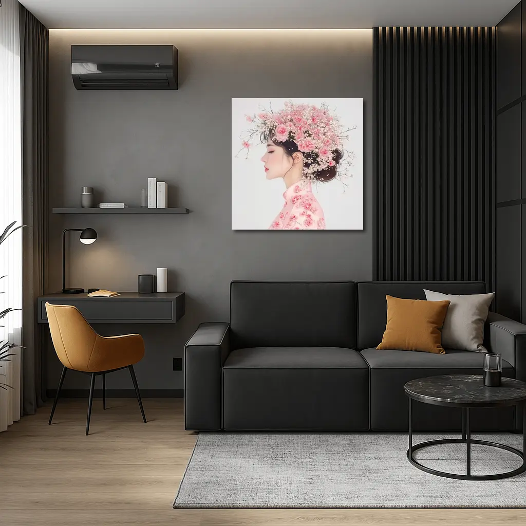 Asian Woman Pink Carnations Floral Headdress Art – Wall Art