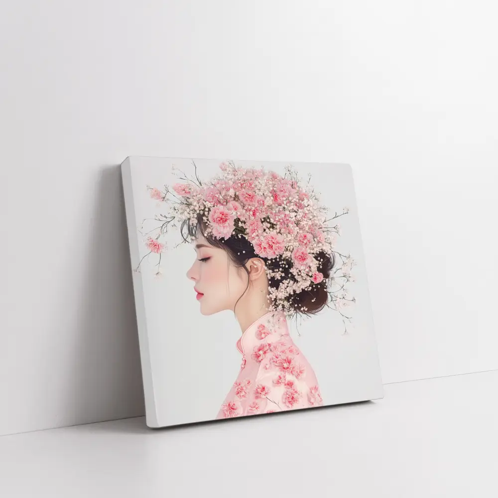 Asian Woman Pink Carnations Floral Headdress Art – Wall Art