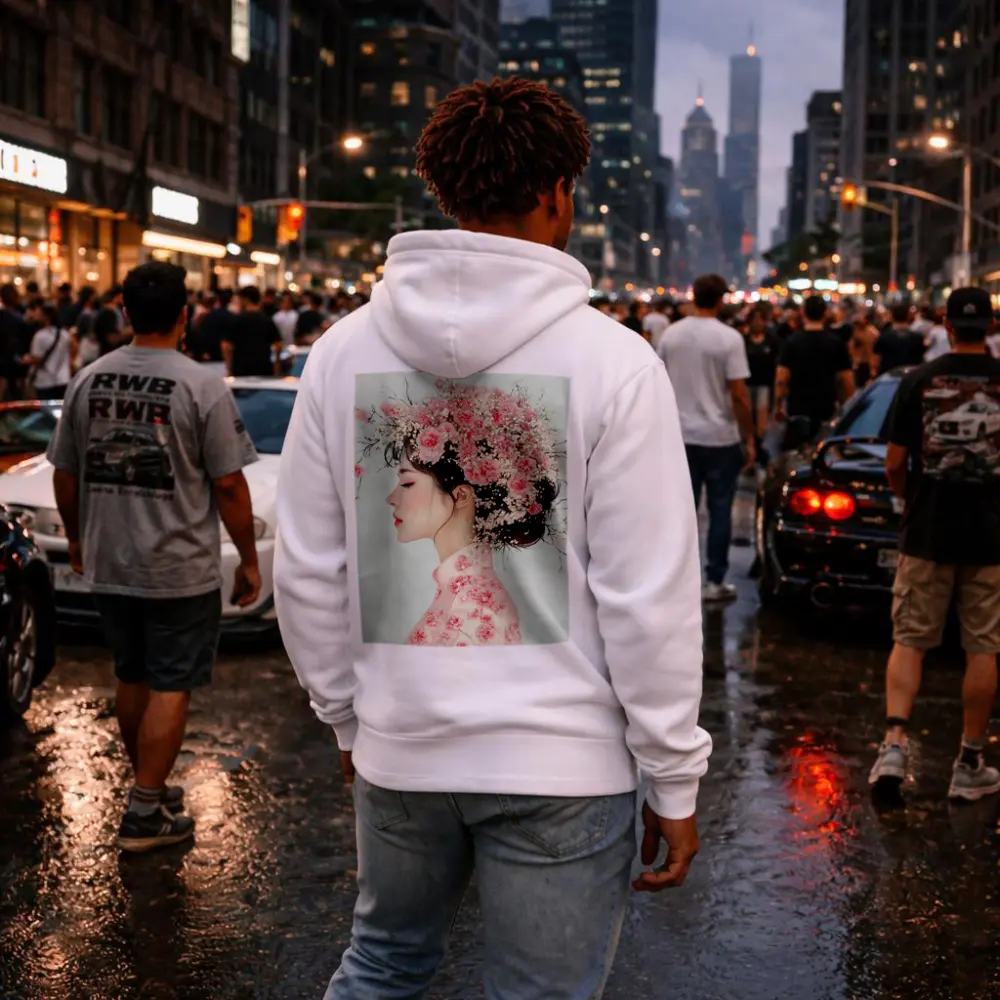 Asian Woman Pink Carnations Floral Headdress Art – Hoodies