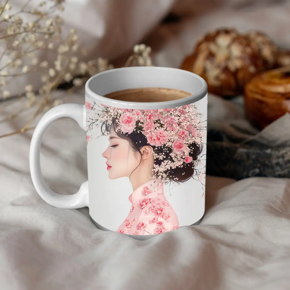 Asian Woman Pink Carnations Floral Headdress Art – Mugs