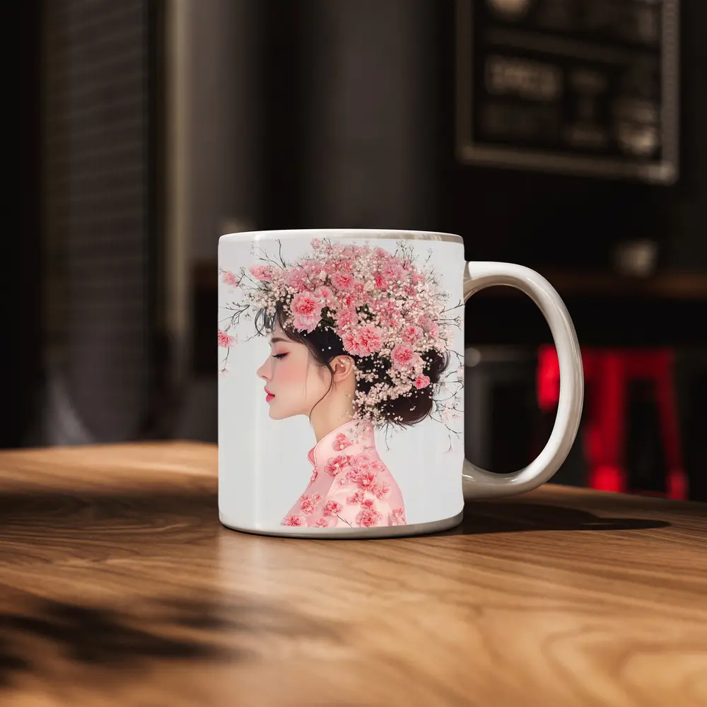 Asian Woman Pink Carnations Floral Headdress Art – Mugs