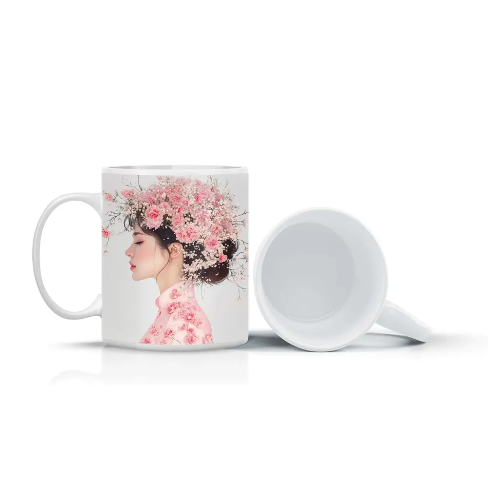 Asian Woman Pink Carnations Floral Headdress Art – Mugs