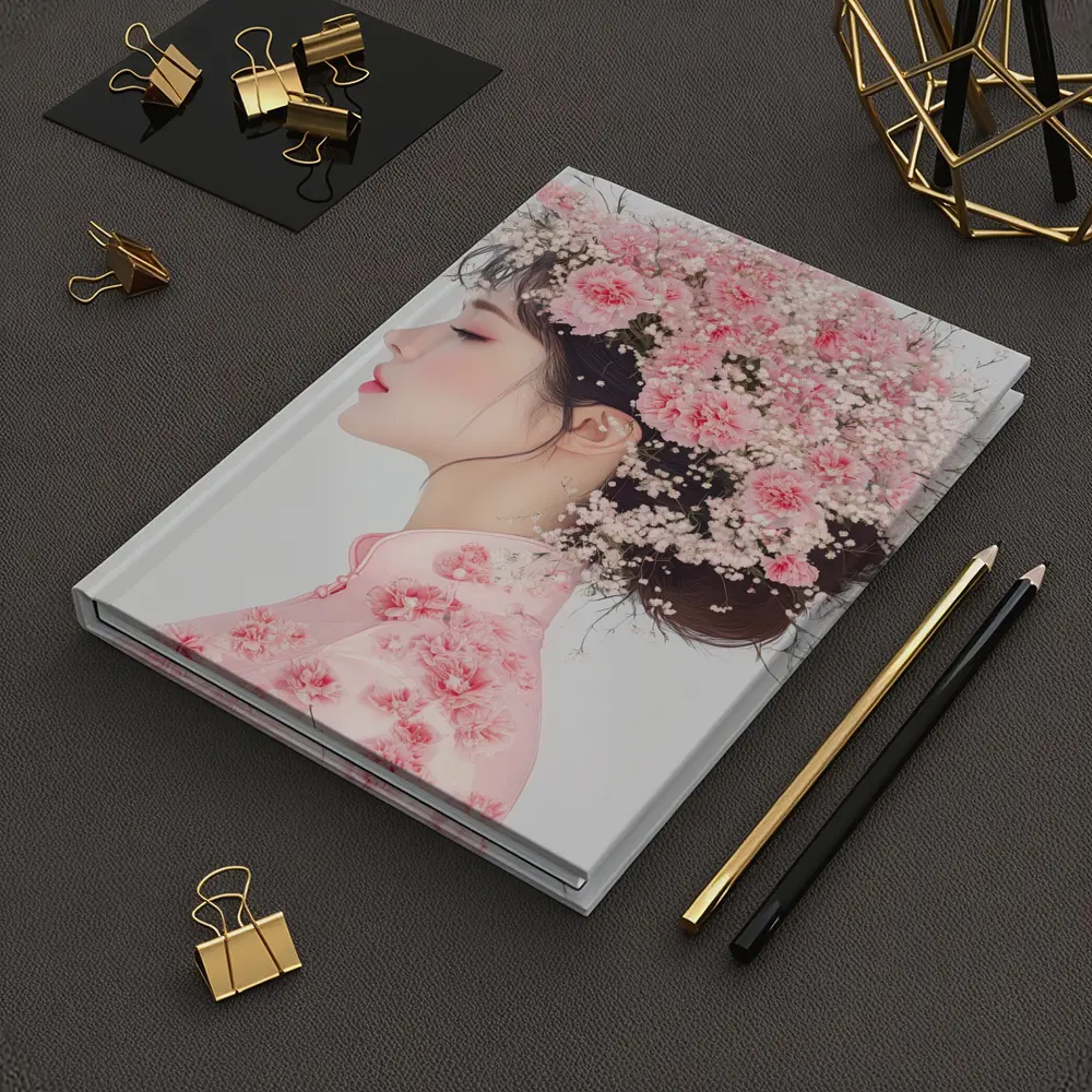 Asian Woman Pink Carnations Floral Headdress Art – Notebooks