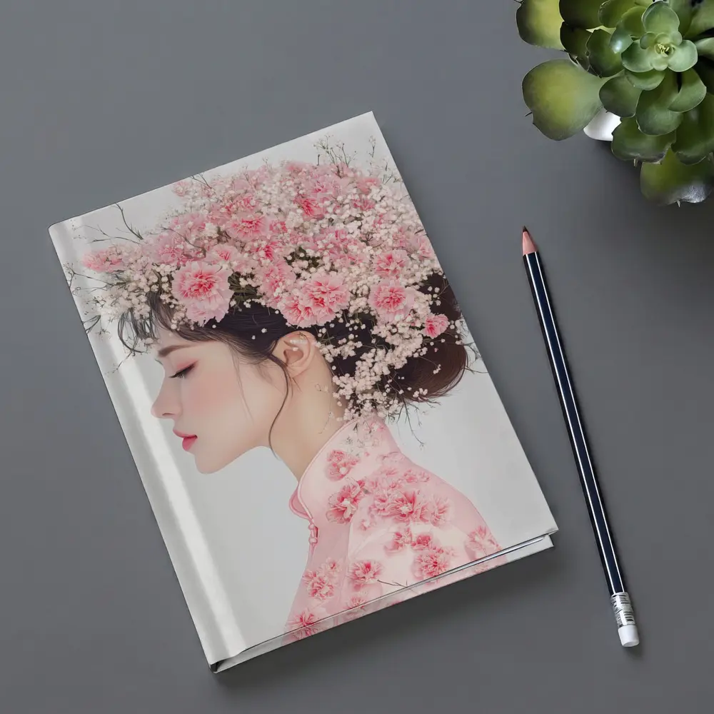 Asian Woman Pink Carnations Floral Headdress Art – Notebooks