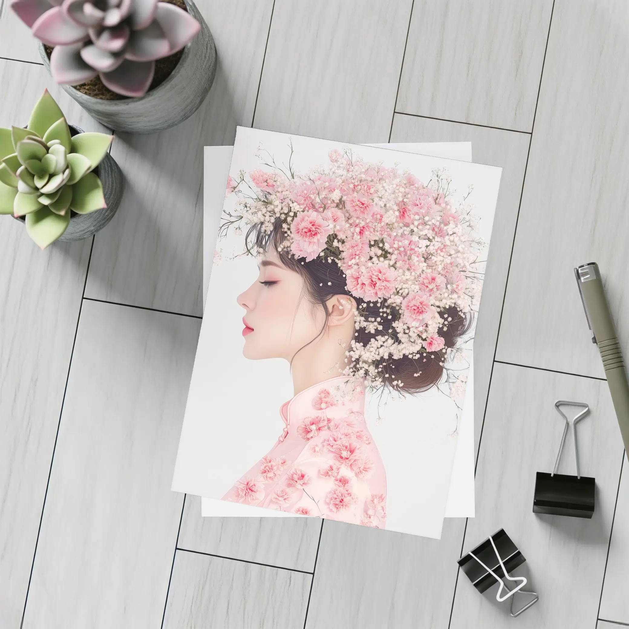 Asian Woman Pink Carnations Floral Headdress Art – Postcards