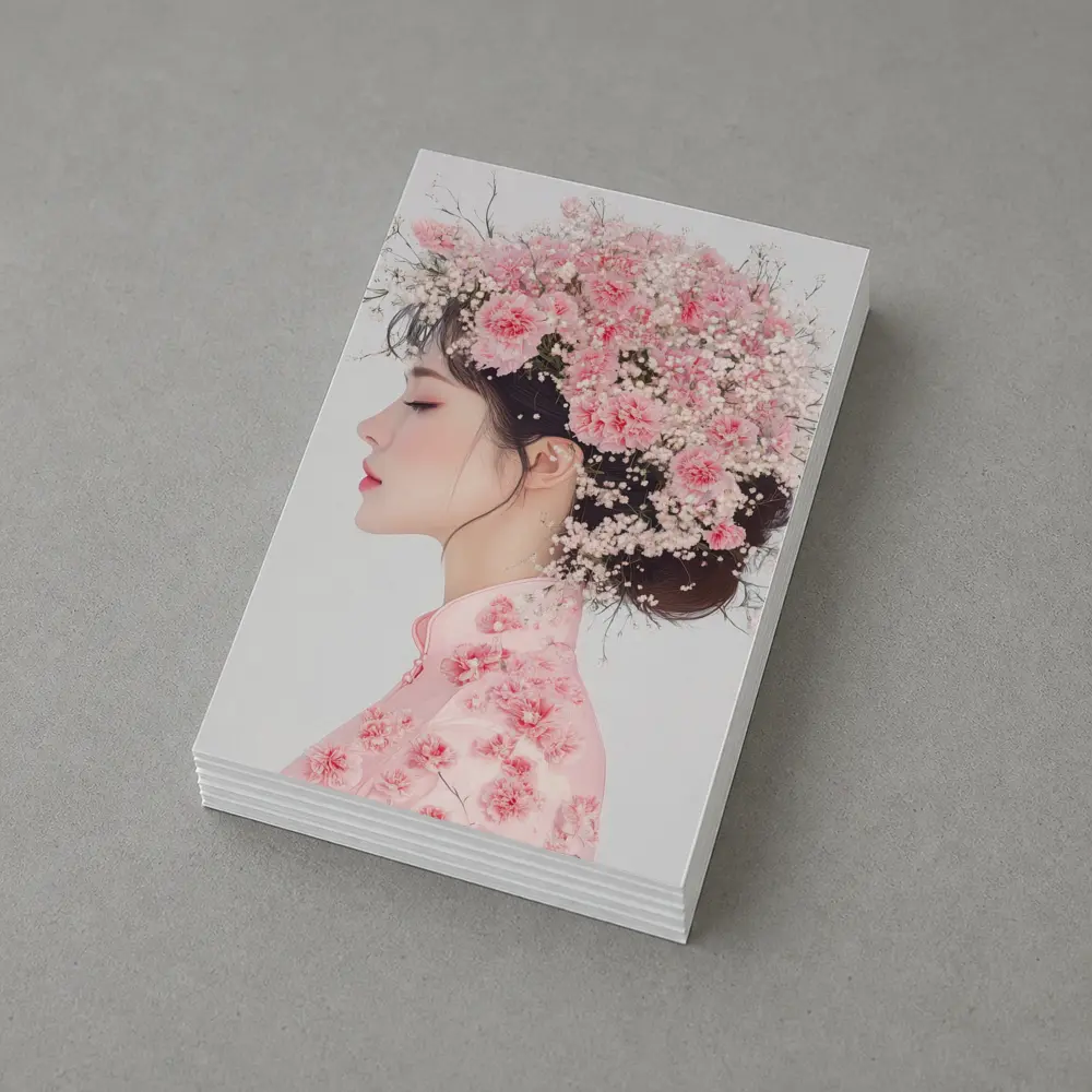 Asian Woman Pink Carnations Floral Headdress Art – Postcards