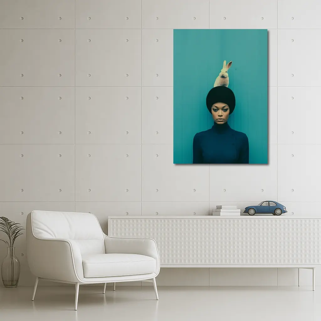 Woman With Rabbit On Head Teal Background – Wall Art