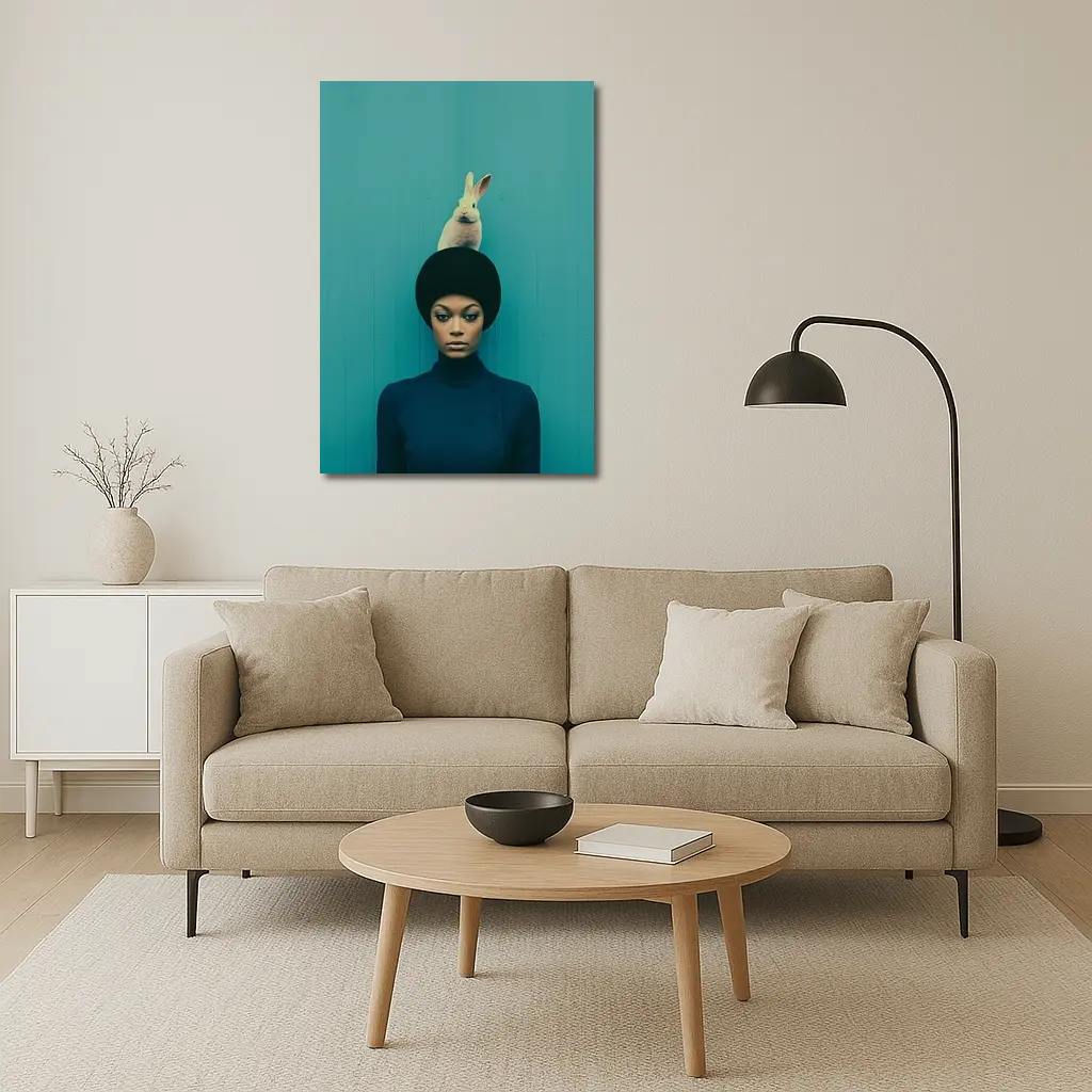 Woman With Rabbit On Head Teal Background – Wall Art