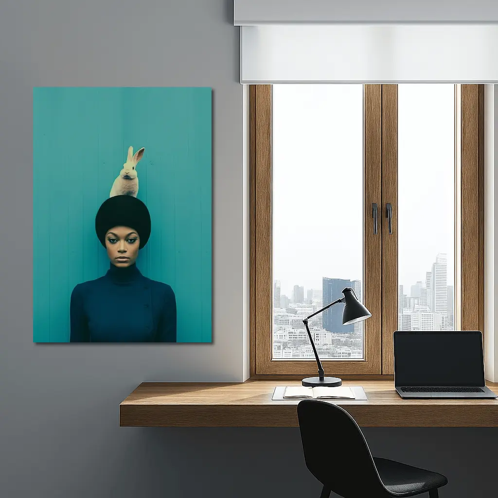 Woman With Rabbit On Head Teal Background – Wall Art