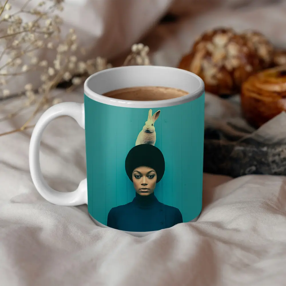 Woman With Rabbit On Head Teal Background – Mugs
