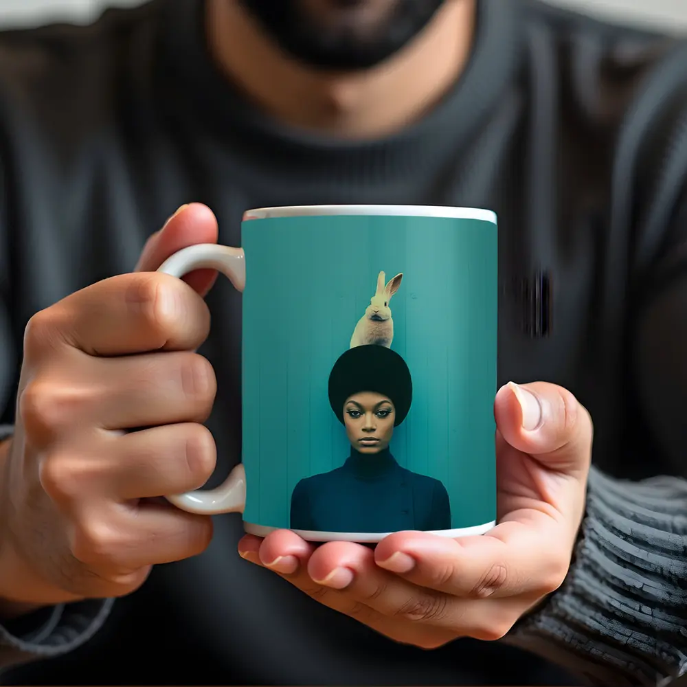 Woman With Rabbit On Head Teal Background – Mugs