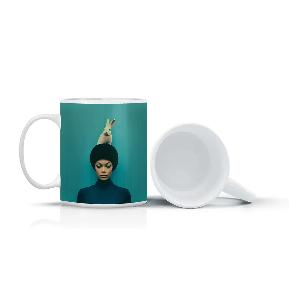 Woman With Rabbit On Head Teal Background – Mugs
