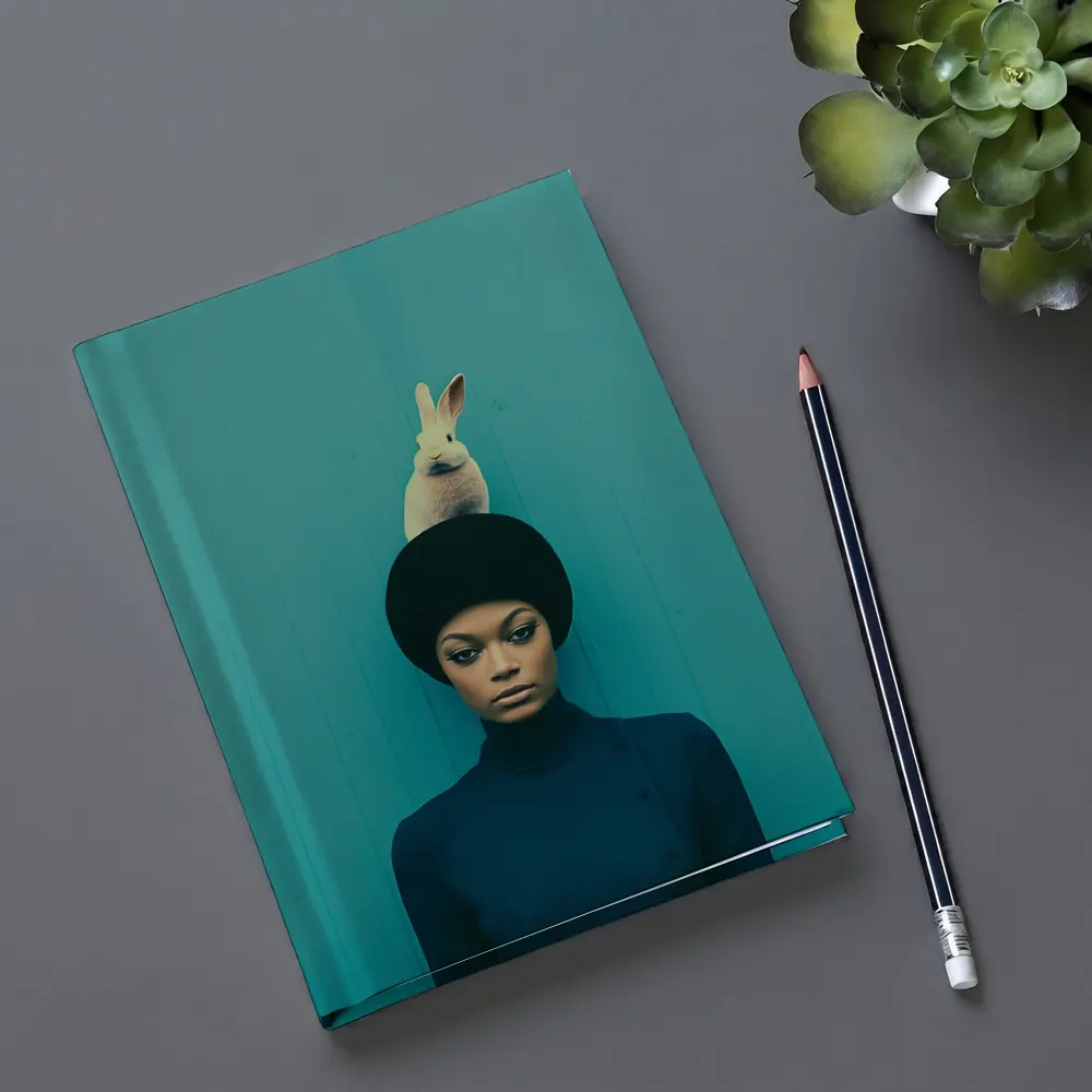 Woman With Rabbit On Head Teal Background – Notebooks