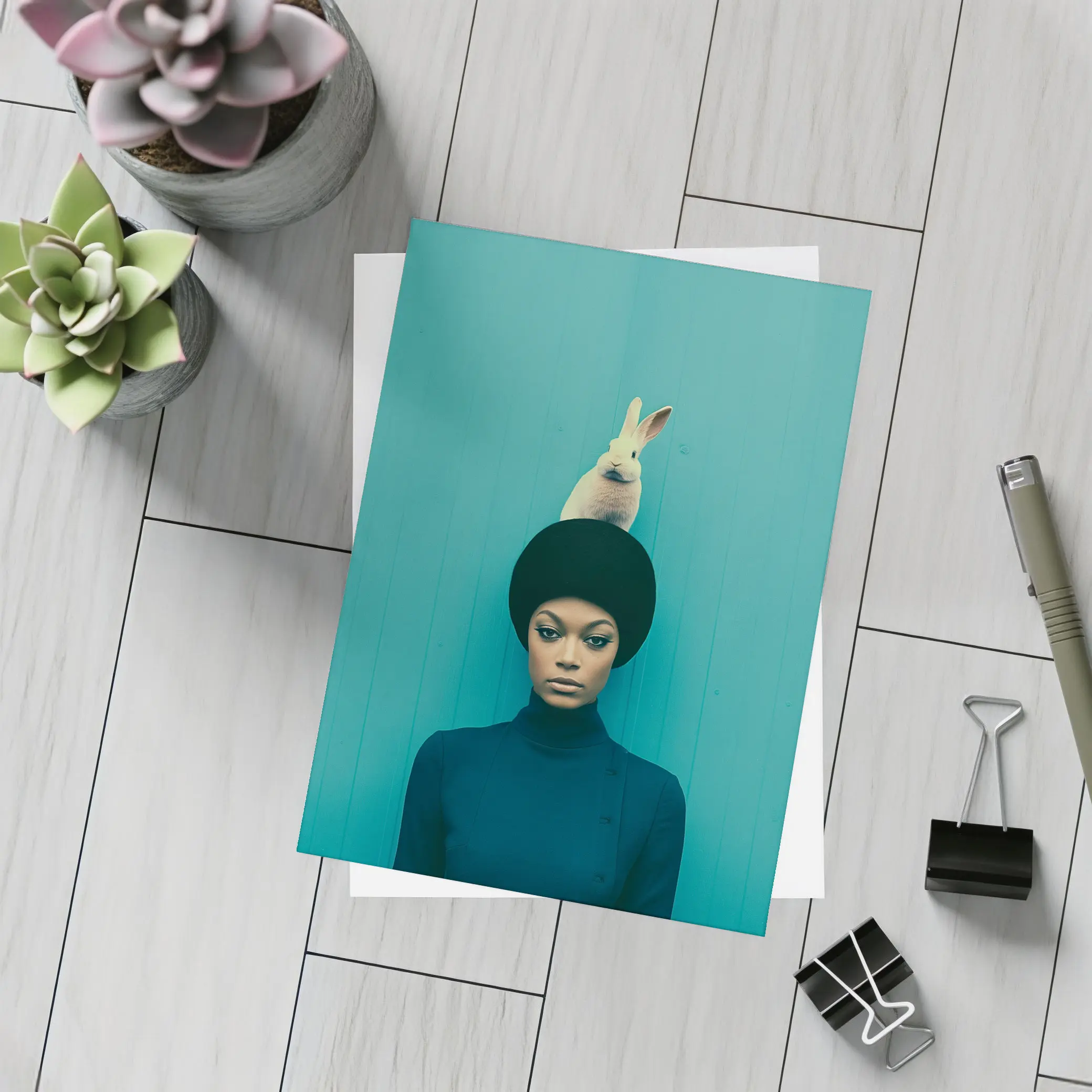 Woman With Rabbit On Head Teal Background – Postcards
