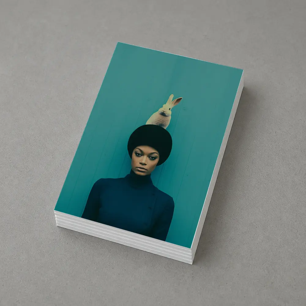 Woman With Rabbit On Head Teal Background – Postcards